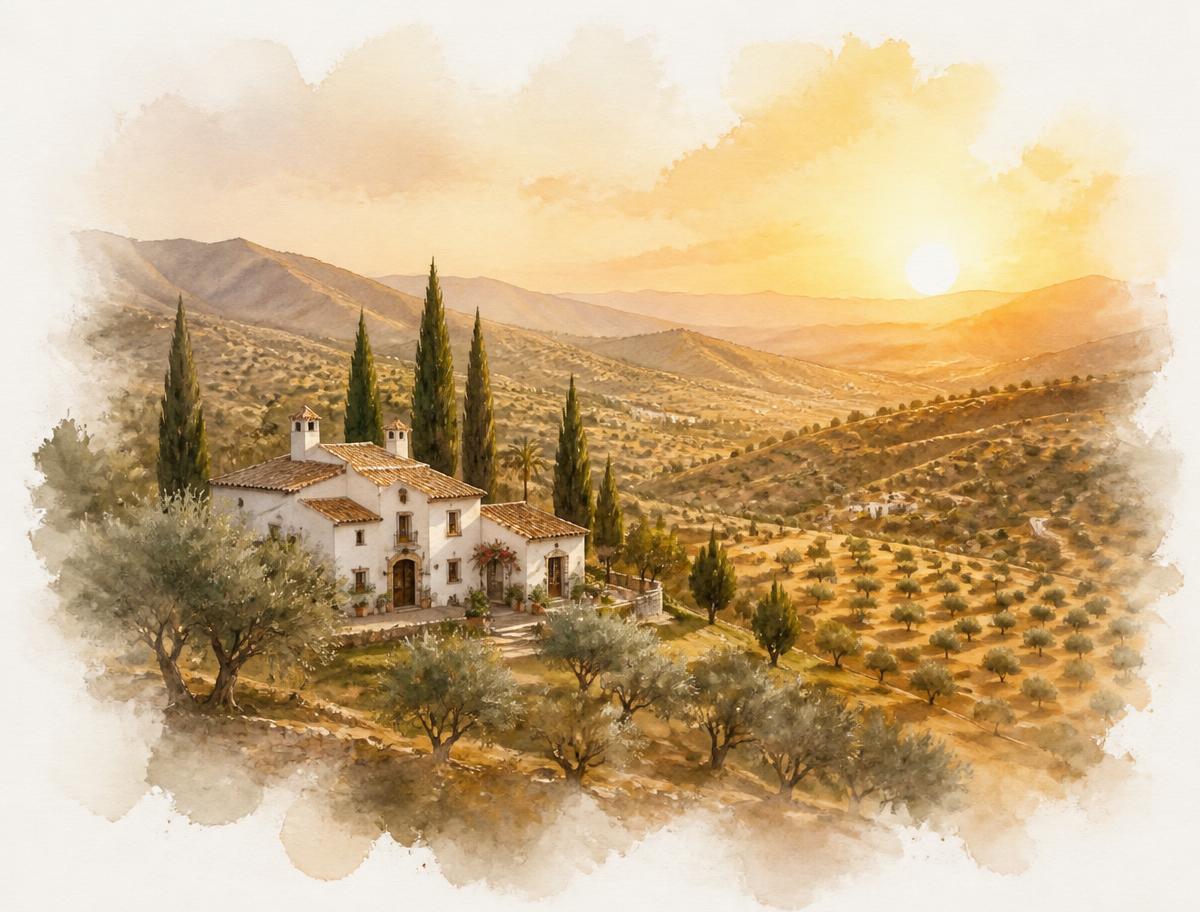 Weite andalusische Landschaft mit einer weißen Finca